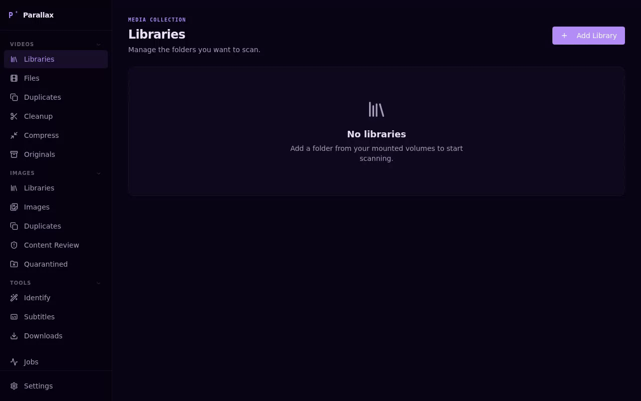 Parallax in action — scanning a library, filtering files, and compressing video